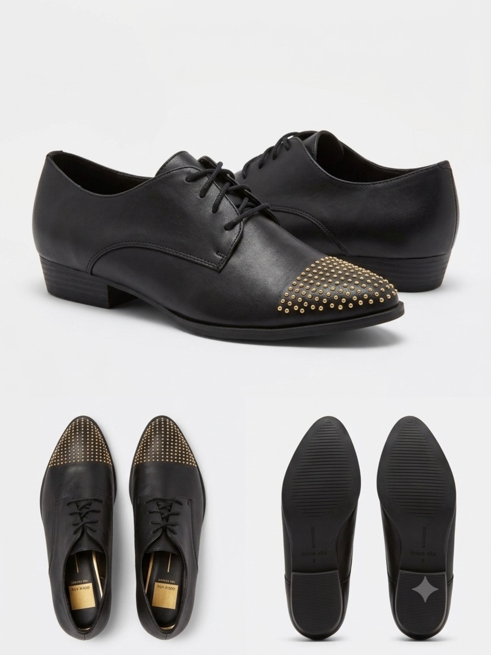 Black Leather Lace-Up Oxfords with Gold Studded Toe: Dolce Vita